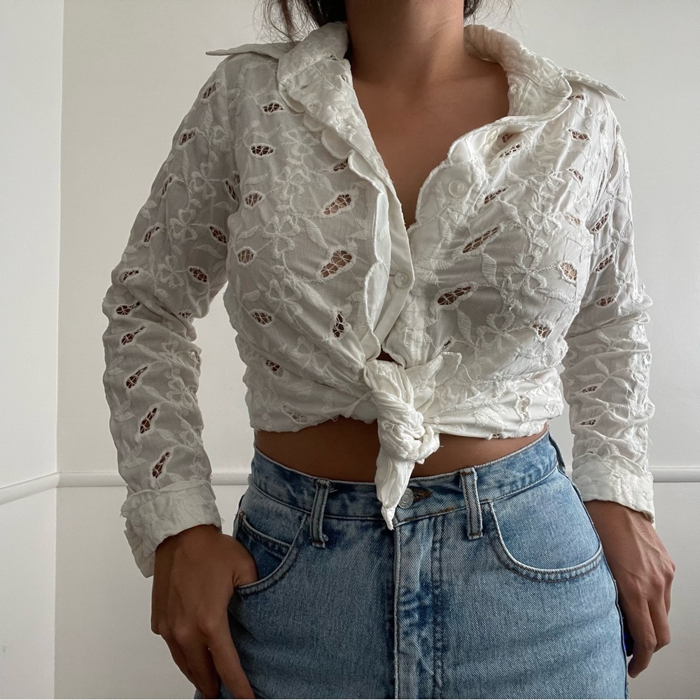Eyelet cotton long sleeve button down shirt